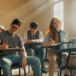 Studenci na uczelni robią notatki podczas zajęć